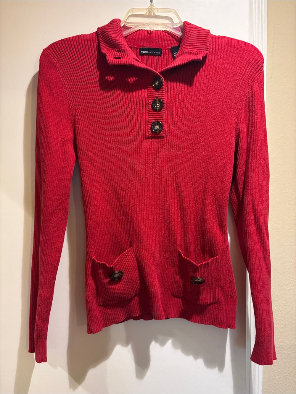 Moda International Red Ribbed Button-Front Turtleneck Sweater